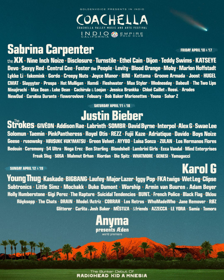 Coachella 2026 lineup: Justin Bieber, Sabrina Carpenter, Karol G, and more
